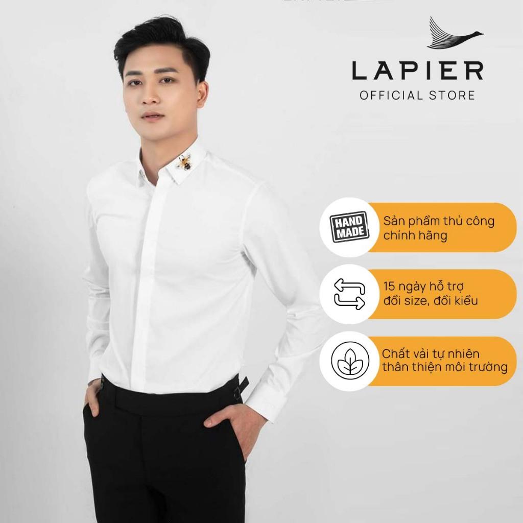 Sơ Mi Trắng Nam Đính Kết Thủ Công Ong Cổ Áo Chất Liệu Bamboo Cao Cấp - Thương Hiệu Lapier